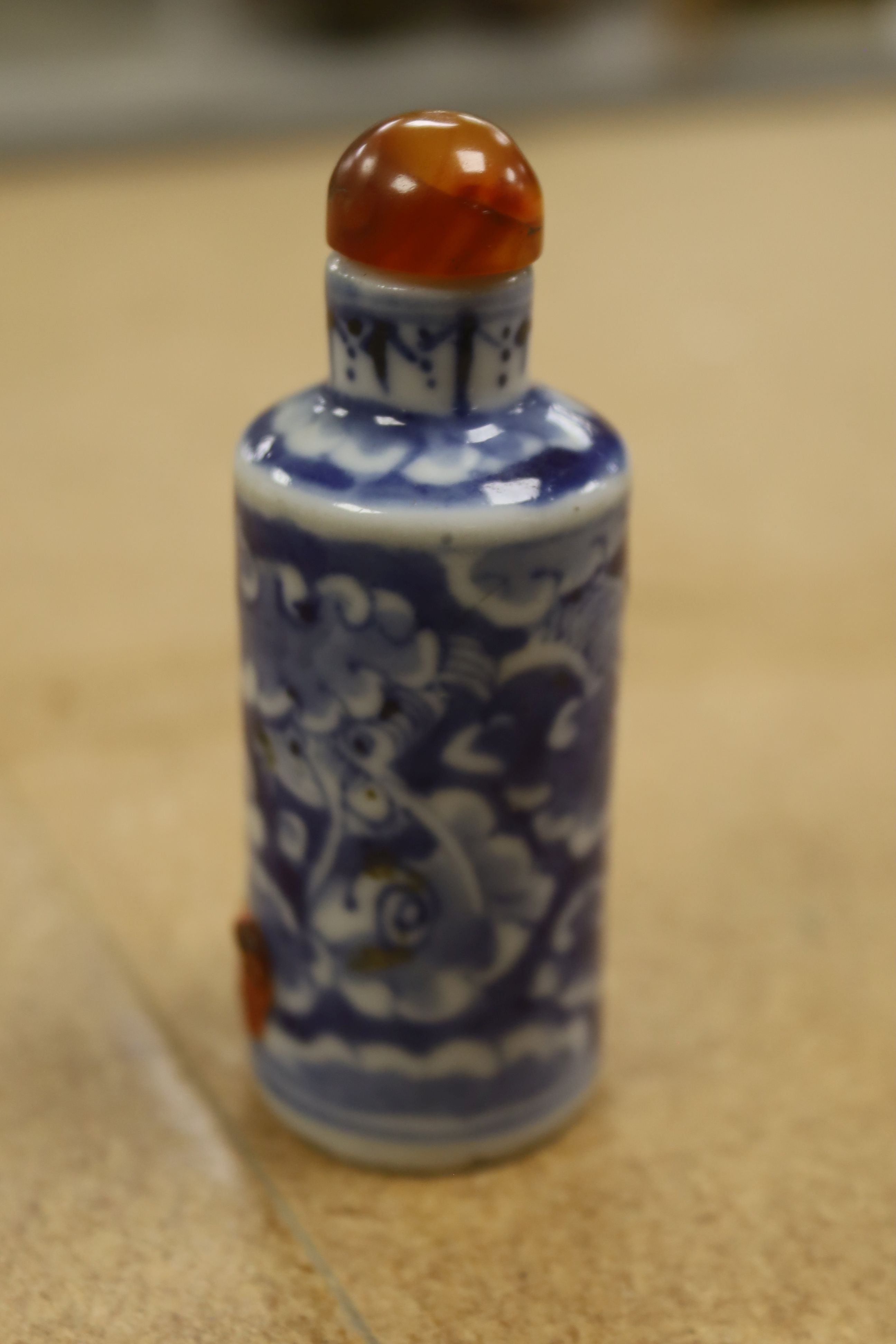 A Chinese blue and white snuff bottle, 9cm high including stopper